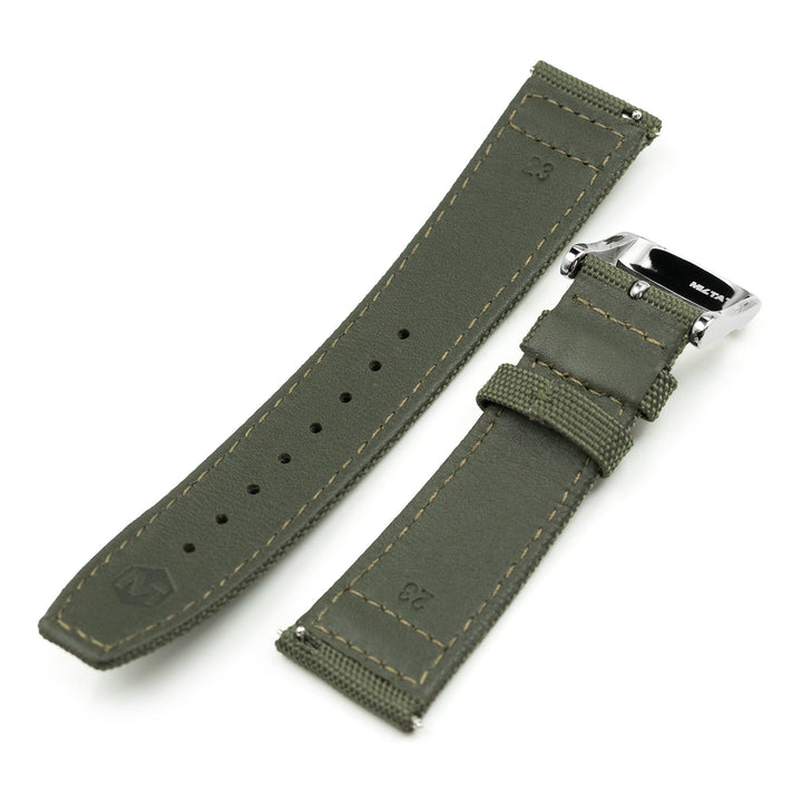 Q.R. Military Green Sailcloth Watch Band with leather lining, 19mm, 20mm or 23mmStrapcode watch bands