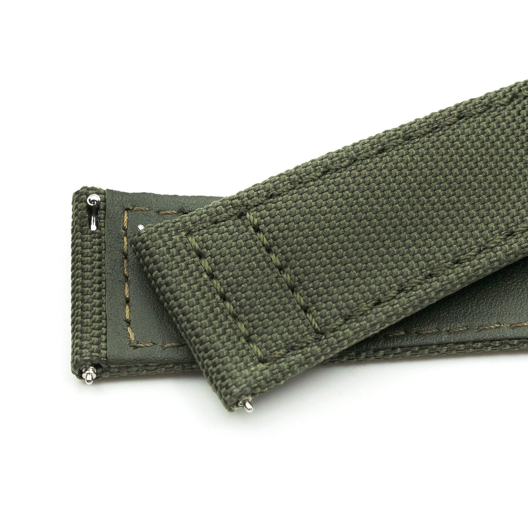 Q.R. Military Green Sailcloth Watch Band with leather lining, 19mm, 20mm or 23mmStrapcode watch bands