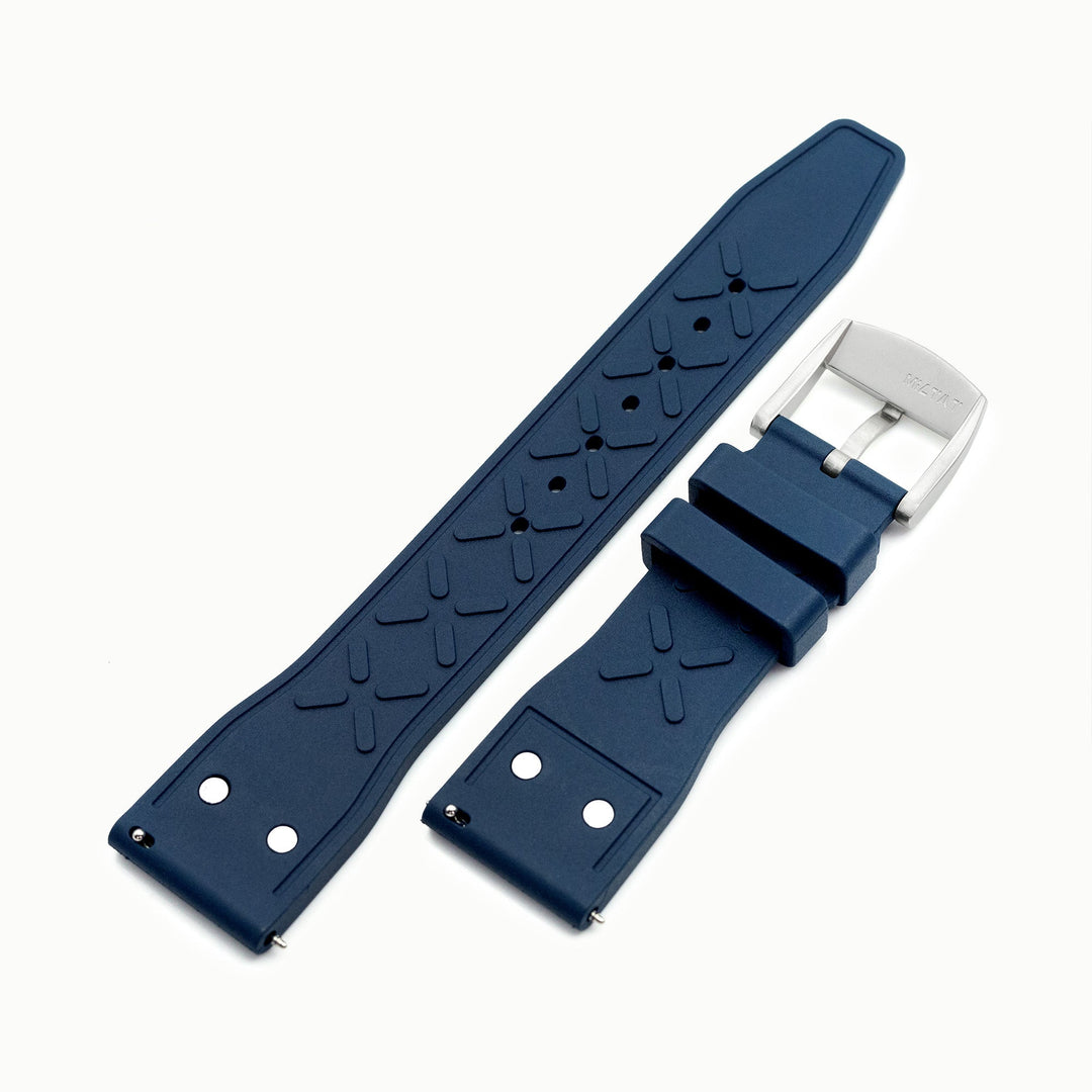 Quick Release Navy Blue Rivet Pilot FKM rubber watch strap, 20mm or 22mm Strapcode Watch Bands