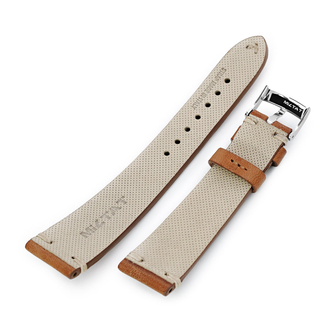 20mm Artisan Brown 2 Tone Italian Leather Watch Band, Beige Stitching, P Buckle Strapcode Watch Bands