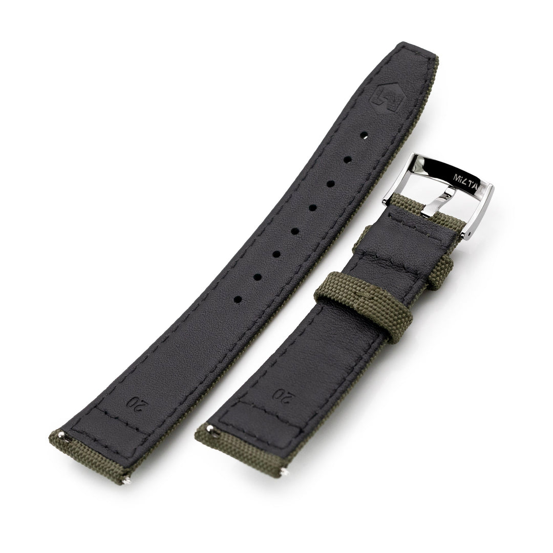 Q.R. 20mm Military Green Sailcloth Watch Band with leather lining