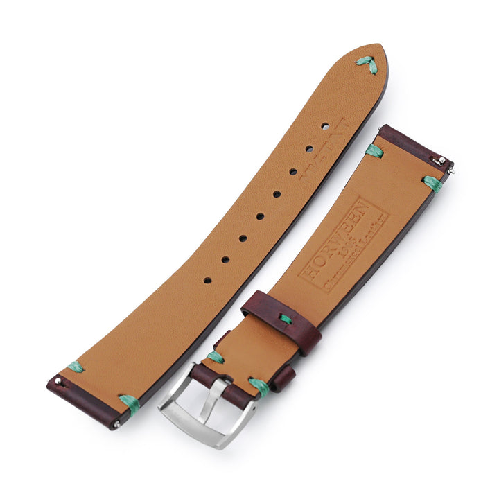 Q.R. 19mm, 20mm Burgundy Horween Chromexcel Watch Strap,Green Stitching Strapcode Watch Bands