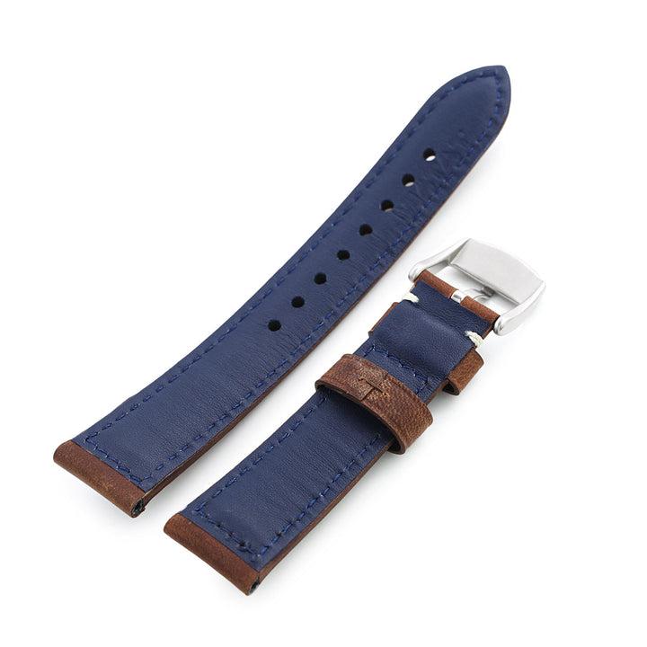 MiLTAT 20mm Mud Brown Nubuck Leather Watch Strap, Beige Stitching