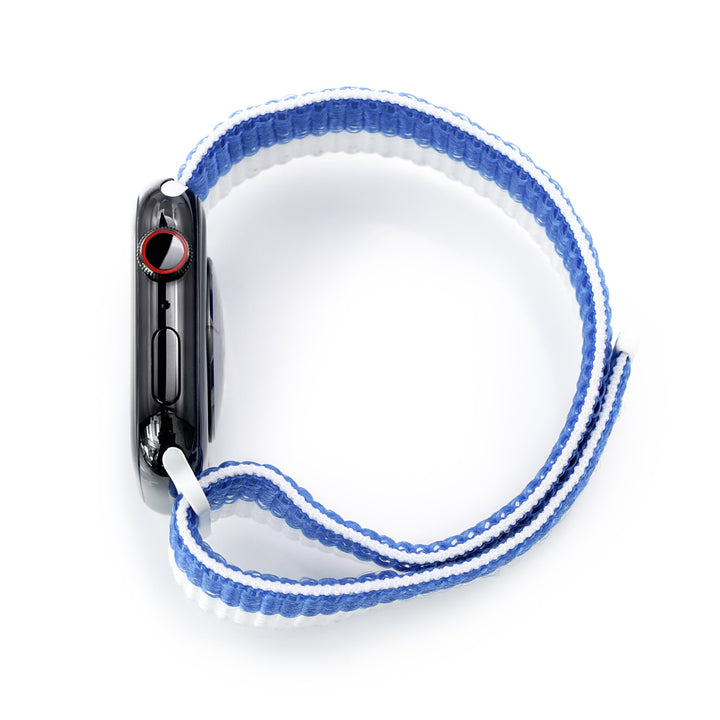 One-piece Blue / White Hook & Loop Durable Nylon Watch Band compatible with Apple Watch 44mm / 45mm models Strapcode Watch Bands