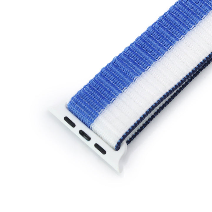 One-piece Blue / White Hook & Loop Durable Nylon Watch Band compatible with Apple Watch 44mm / 45mm models Strapcode Watch Bands