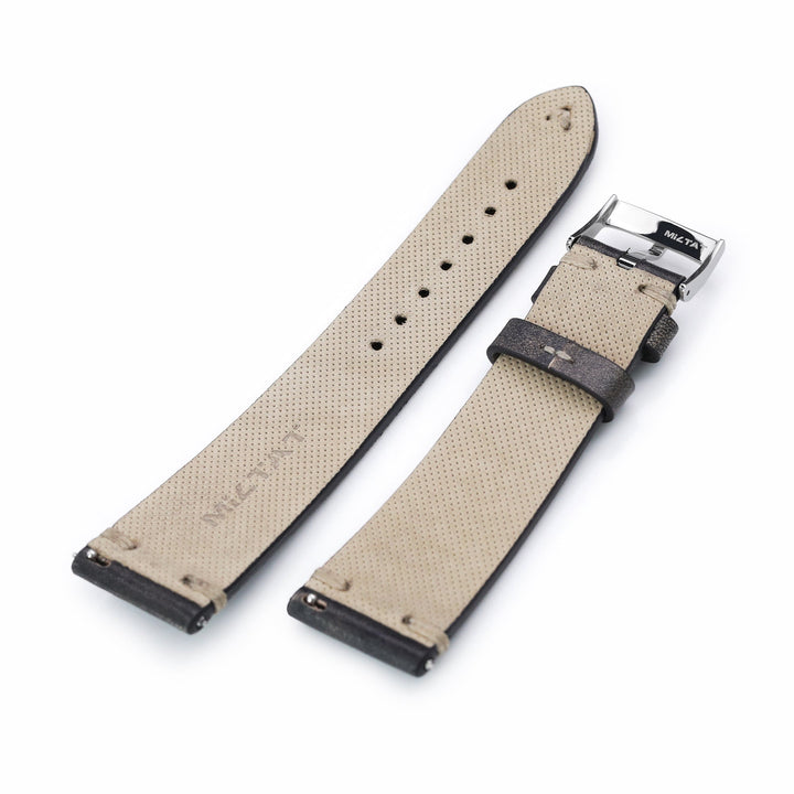 Q.R. 22mm Vintage Black Italian Handmade Leather Watch Strap, Khaki Stitching