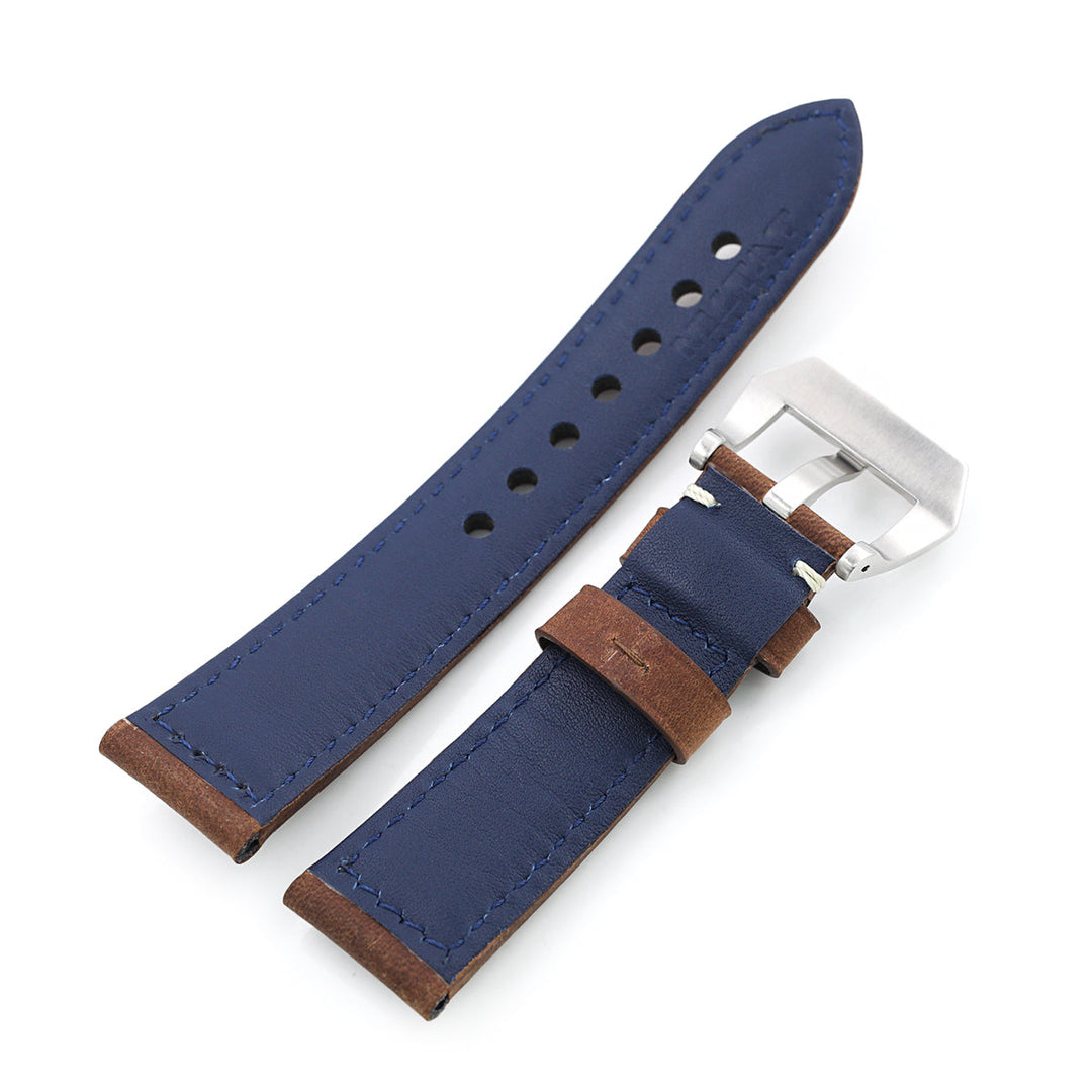 MiLTAT 21mm, 22mm Mud Brown Nubuck Leather Watch Strap, Beige Stitching