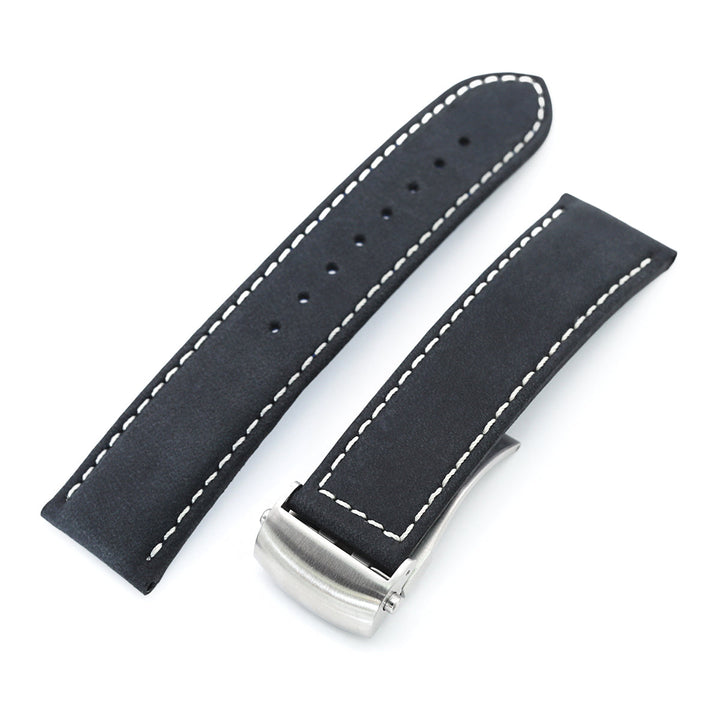 MiLTAT 22mm Matte Black Nubuck Leather Deployment Watch Strap, Beige Stitching