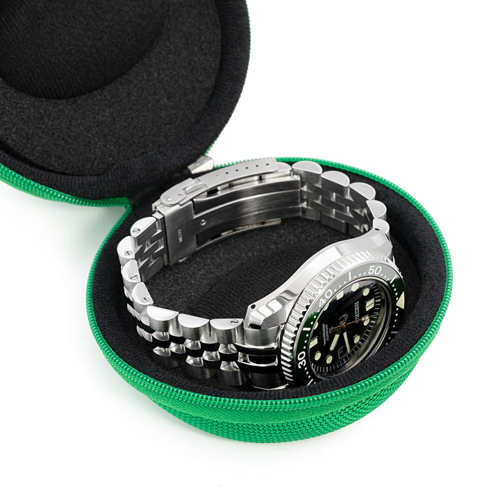 Round Watch Travel Hard Case Single Watch Box with Zipper, Green