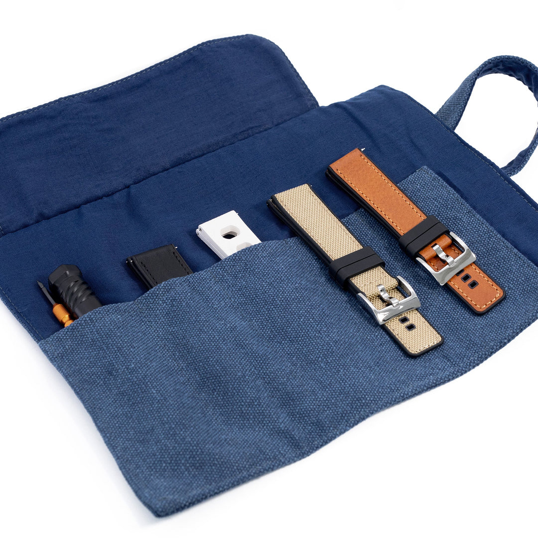 Navy Blue Wash Canvas Watch Band Roll Storage, 5 watch strap pockets