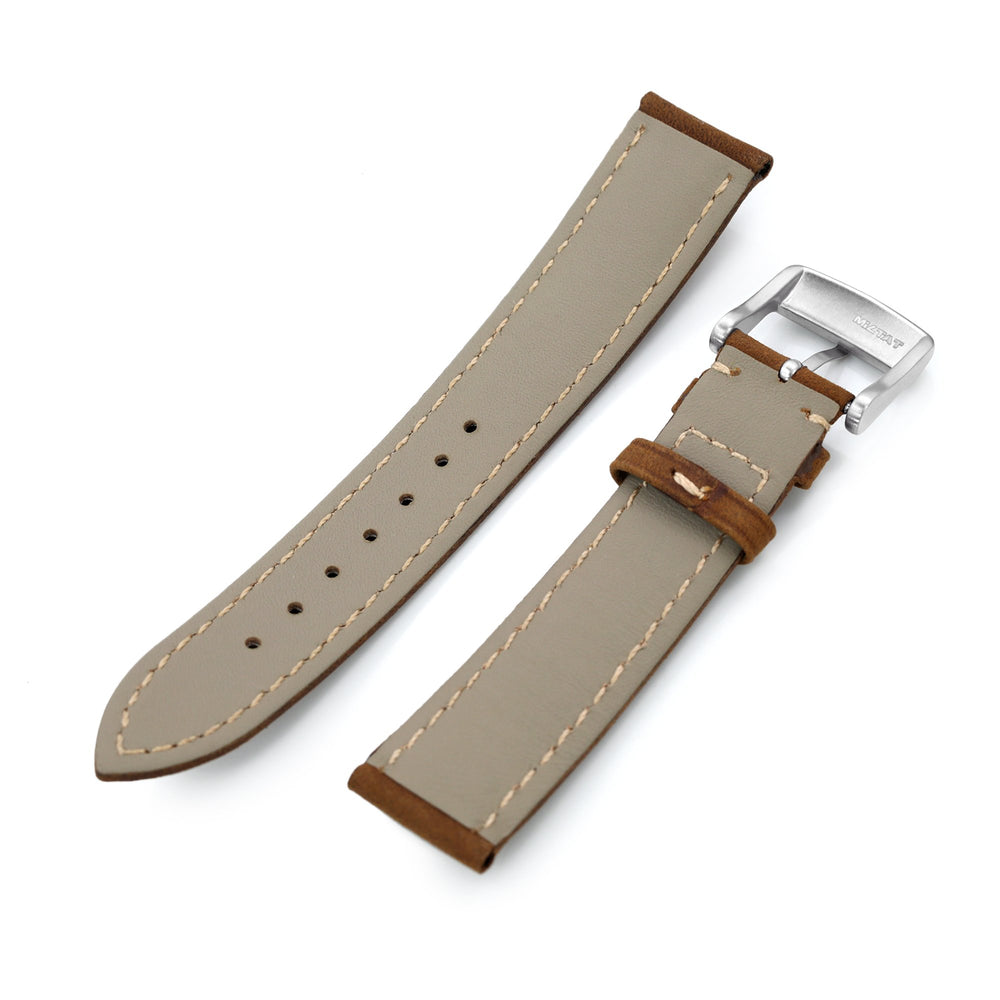 20mm Brown Tapered Nubuck Leather Watch Band, Brushed Buckle Strapcode Watch Bands