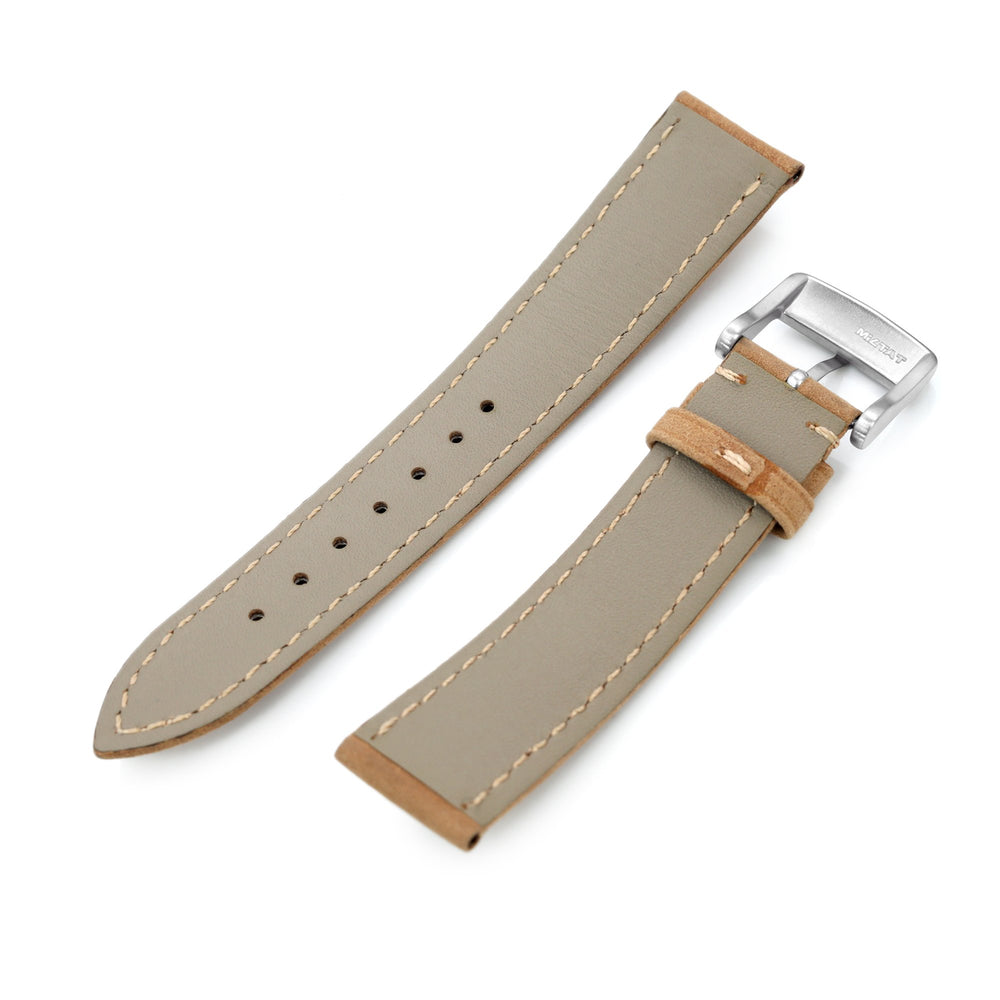 20mm Tan Color Tapered Nubuck Leather Watch Band, Brushed Buckle Strapcode Watch Bands