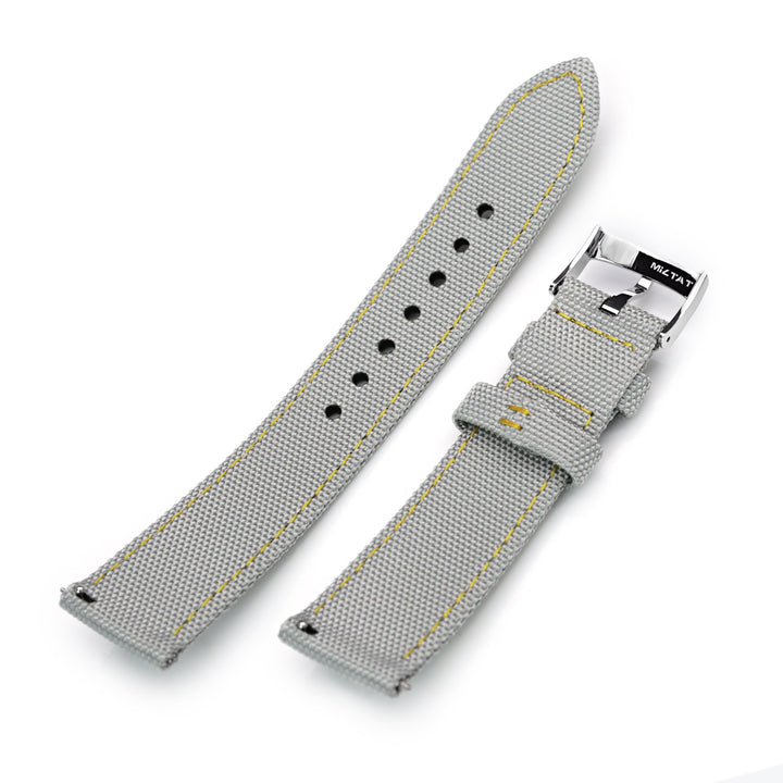 20mm Sailcloth Strap Light Grey Quick Release Nylon Watch Band, Yellow Stitching Strapcode Watch Bands