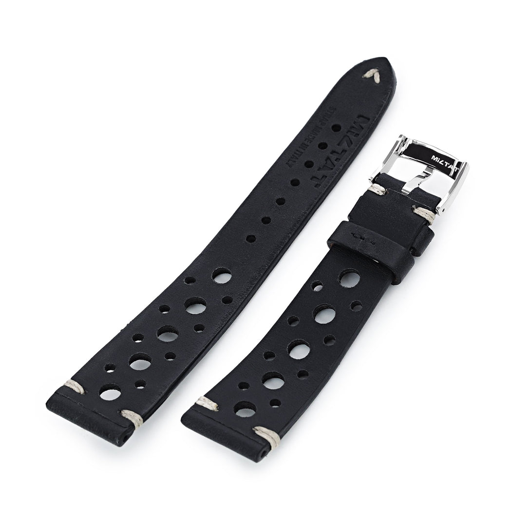 20mm Black Italian Handmade Racer Watch Band, Beige Stitching, P Buckle Strapcode Watch Bands