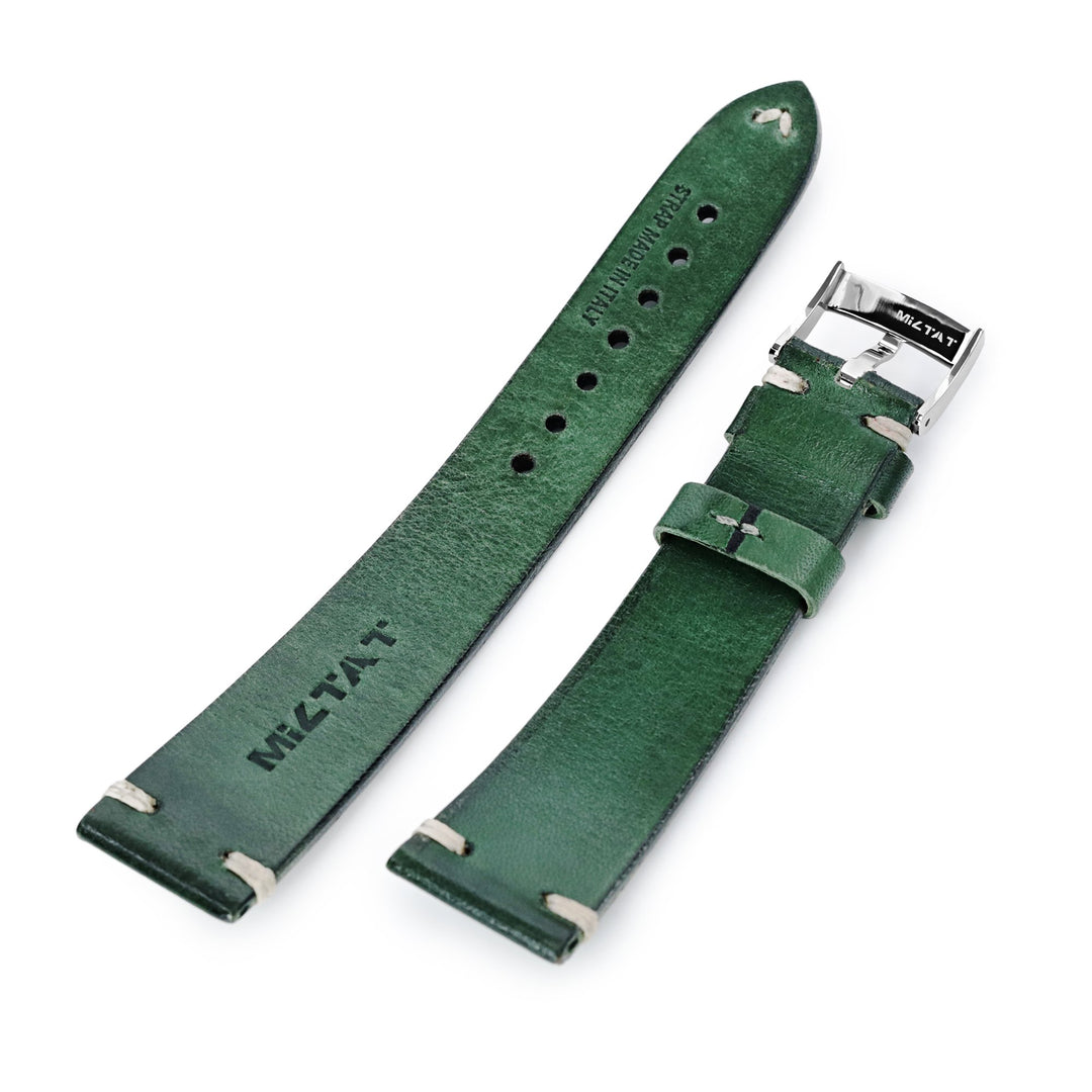 20mm Vintage Artisan Green 2 Tone Italian Handmade Robinson Leather Watch Band, Beige Stitching, P Buckle Strapcode Watch Bands