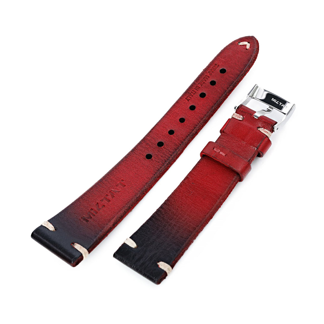 20mm Vintage Artisan Red Italian Handmade Robinson Leather Watch Band, Beige Stitching, P Buckle Strapcode Watch Bands