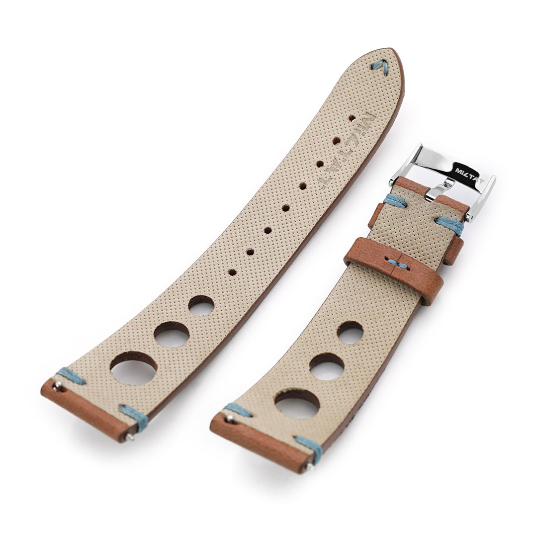 Q.R. 22mm Brown Leather Italian Handmade Racer Watch Band, Blue St. Strapcode Watch Bands