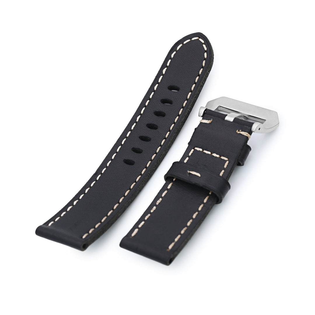 22mm Black Straight Leather Watch Band, Brushed Buckle Strapcode Watch Bands