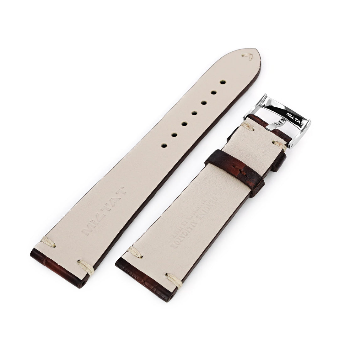 Dark Brown Italian Handmade Alligator Vintage Watch Band, Beige Stitching, P Buckle, 20mm or 22mm  Strapcode Watch Bands