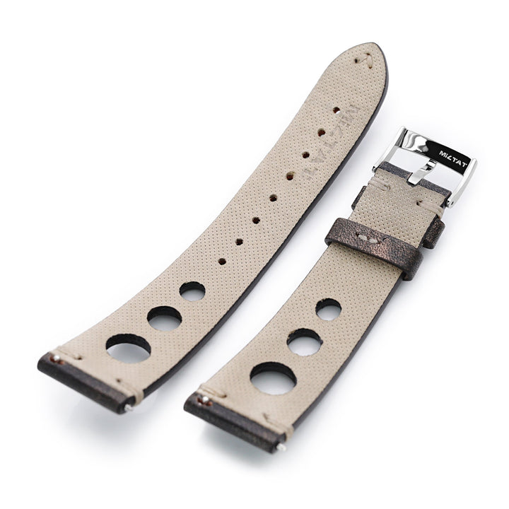 Q.R. 22mm Blackish Brown Leather Italian Handmade Racer Watch Band, Beige St. Strapcode Watch Bands