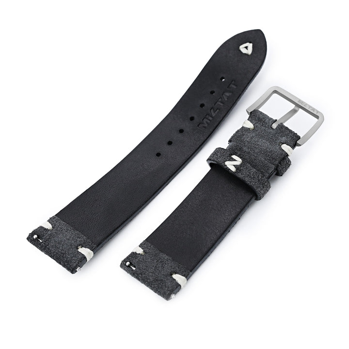 Dark Grey 20mm, 21mm, 22mm MiLTAT Quick Release Nubuck Leather Watch Strap, Beige Stitching, Sandblasted Strapcode Watch Bands