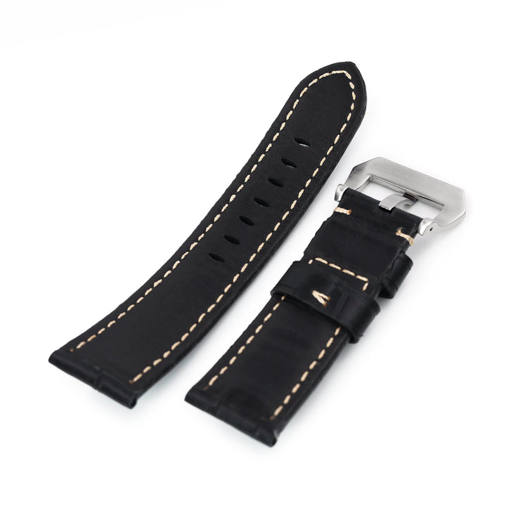 24mm Black CrocoCalf (Croco Grain) Leather Watch Band, Brushed Buckle Strapcode Watch Bands