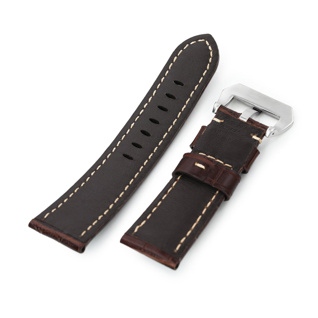 24mm Pecan Brown CrocoCalf (Croco Grain) Leather Watch Band, Brushed Buckle Strapcode Watch Bands