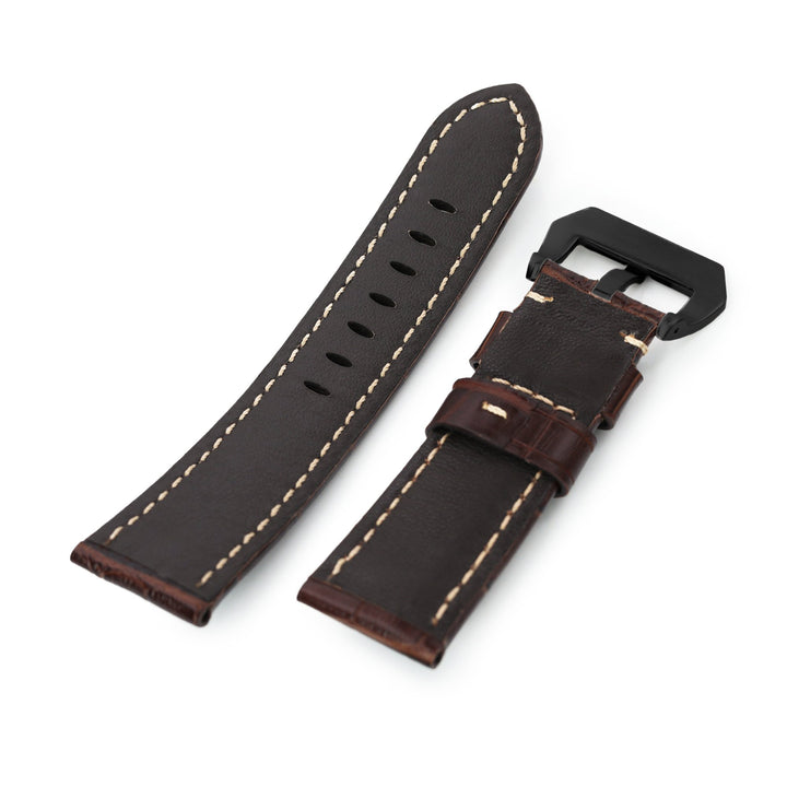 24mm Pecan Brown CrocoCalf (Croco Grain) Leather Watch Band, PVD Black Buckle Strapcode Watch Bands